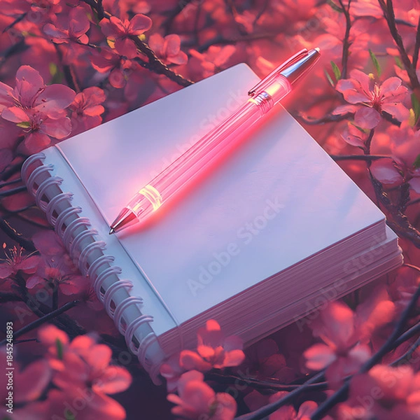 Fototapeta  Glowing pen resting on a blank spiral notebook surrounded by blooming pink flowers in springtime
