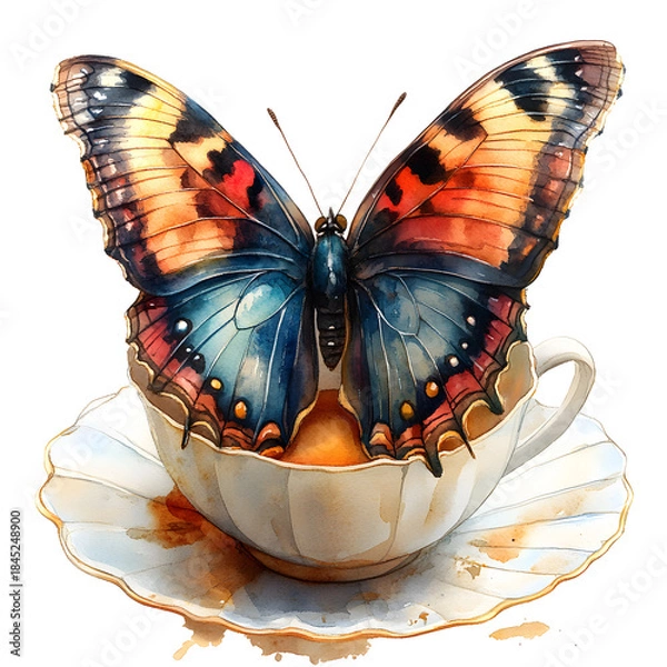 Fototapeta  Watercolor painting of a vibrant butterfly perched on an elegant teacup and saucer