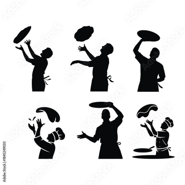 Obraz Chef Tossing Dough Skyward Silhouette set.
