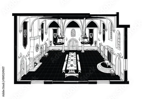 Obraz Grand Medieval Hall Interior Sketch Historic Banquet Dining Room layout architecture interior design icons exclusive