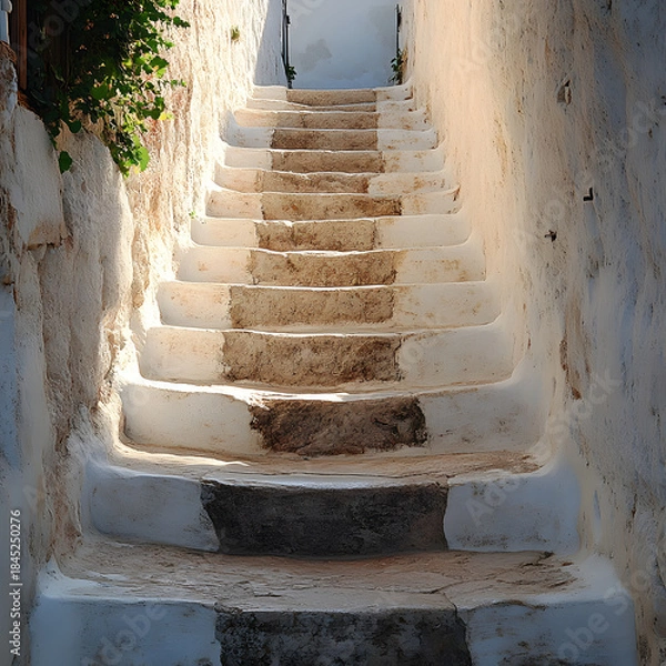 Fototapeta  Ancient weathered stone steps leading upwards between white textured walls and green foliage