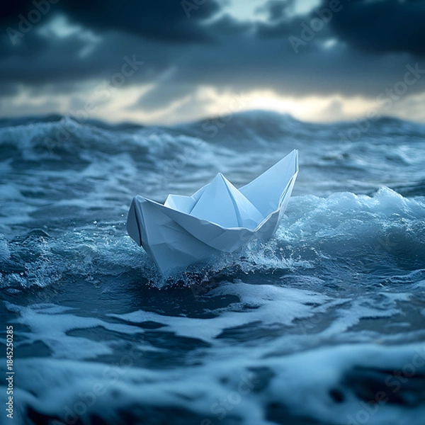 Fototapeta  Small White Paper Boat Navigating Rough Turbulent Ocean Waves Under Dark Overcast Sky