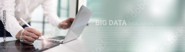 Obraz Big data visualization concept.Businessman working on laptop with tablet and computer code analytics algorithm, Business analytics, Querying, Data mining and Neural network for artificial intelligence