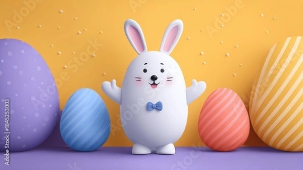 Obraz Cute White Easter Bunny Posing with Colorful Eggs on Vibrant Background.