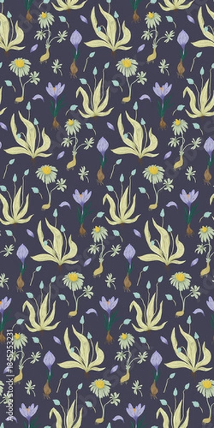Obraz Floral retro pattern with primroses, crocus bulbs, tulips, muscari on a deep purple background