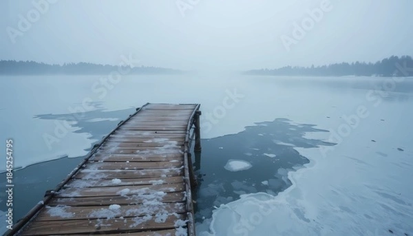 Fototapeta Serene frozen lake with a worn wooden dock, surrounded by snow-covered evergreen trees.
