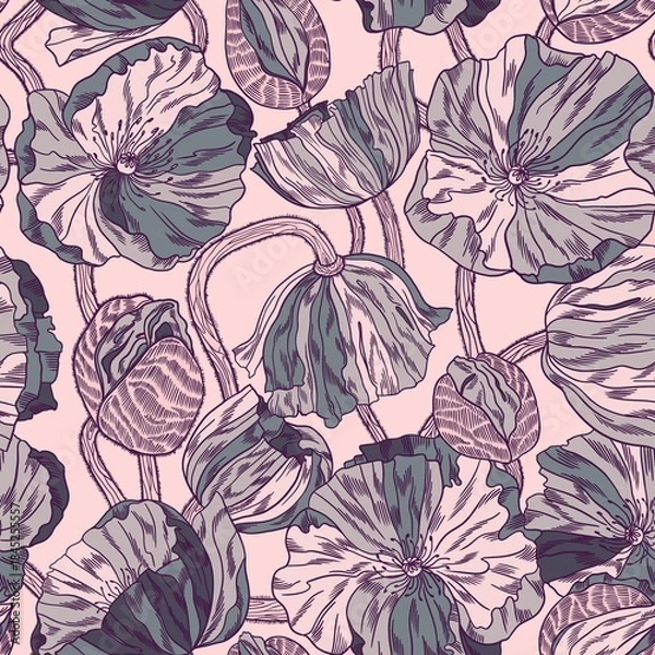 Obraz Elegant seamless pattern featuring luxurious Icelandic poppies, intertwining buds and stems in pink