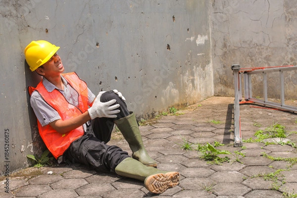 Obraz Male Workers Fallen or Sitting in Pain at Worksite