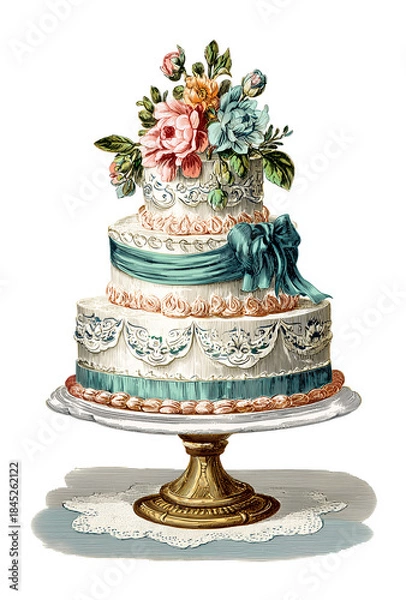 Obraz Romantic wedding cake vintage illustration on white background