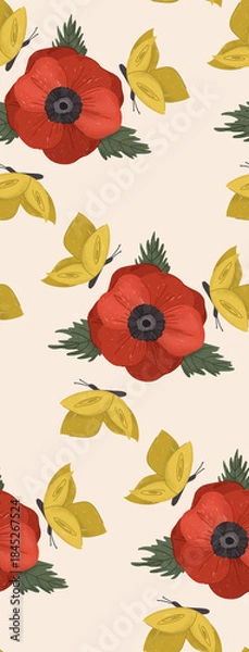 Obraz Dance of graceful yellow butterflies around blooming purple anemone, seamless pattern on cream