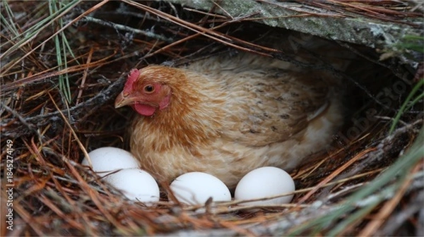 Obraz Mother Hen Brooding Over Eggs in Straw Nest.