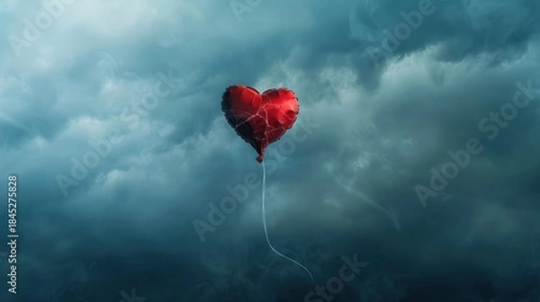 Obraz Red Heart Balloon Floating Against Dramatic Cloudy Sky.