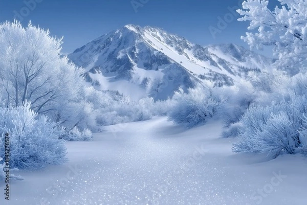 Fototapeta Serene winter landscape with snow-covered trees and a majestic mountain under a clear blue sky, evoking a peaceful and tranquil natural scene.