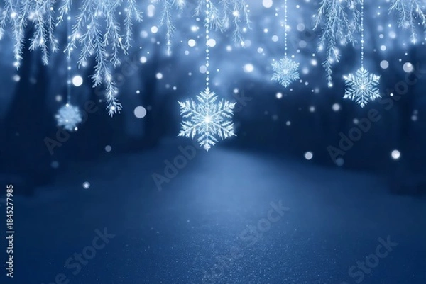 Fototapeta Snowflakes and frosty branches hanging from above on a blue background. Winter Christmas holiday concept for greeting card or banner.