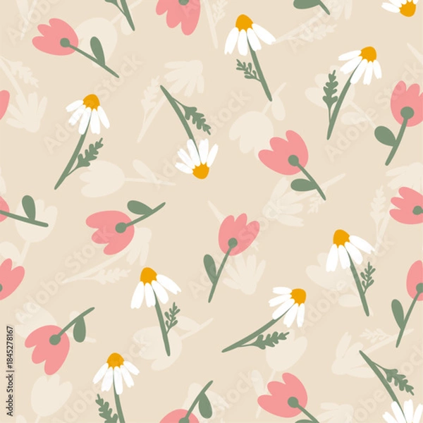 Obraz Vector chamomile and tulip seamless pattern. Hand drawn meadow flowers on beige background. Floral cute print for summer wallpaper, fashion print design, fabric, textile, decoration, wrapping.