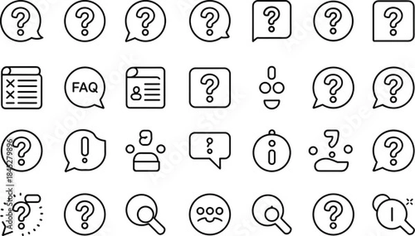 Obraz Customer Support Question Icons – Outline question mark vector icon set for help desk, service platforms and FAQ pages.