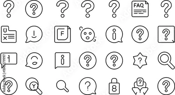 Obraz FAQ Question Icon Set – Clean outline question mark vector icons for help center, customer support, information and interface design.