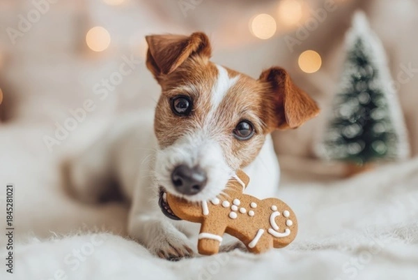 Fototapeta Close-up of brown and white Jack Russell holding decorated gingerbread cookie on white blanket with blurred Christmas tree - cookie baking Christmas