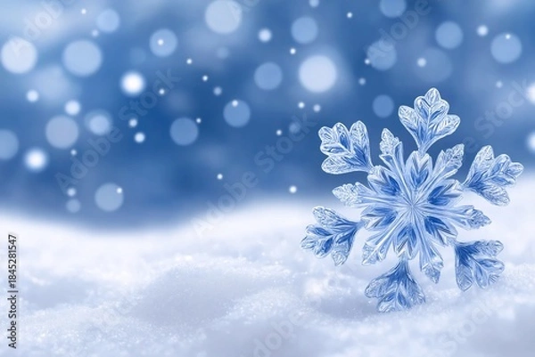 Fototapeta Close up of a large snowflake on fresh snow with blue blurred background. Winter weather concept for Christmas and New Year holiday card.