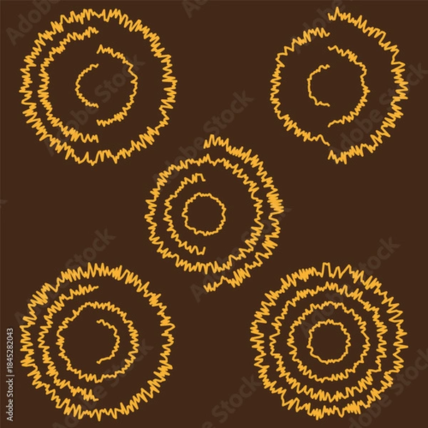 Fototapeta Five spiral pattern. Orange scribble line. Abstract rotation Vector shape. Dark brown background.