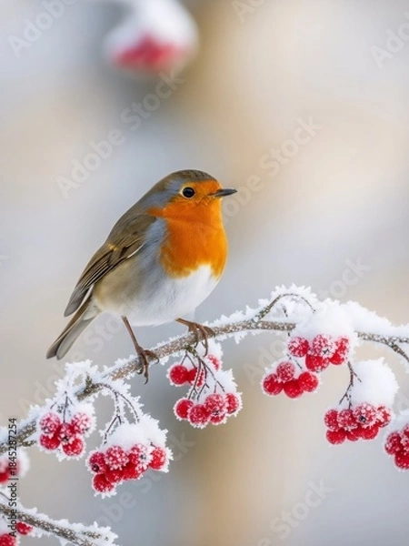 Fototapeta Robin bird perching on a snow-covered branch with red berries during winter. Nature scene for Christmas and holiday season.