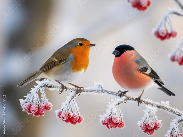 Fototapeta Two colorful bird, a robin and a bullfinch, perched on a frozen branch with red berries. Winter wildlife for nature calendar or greeting card.