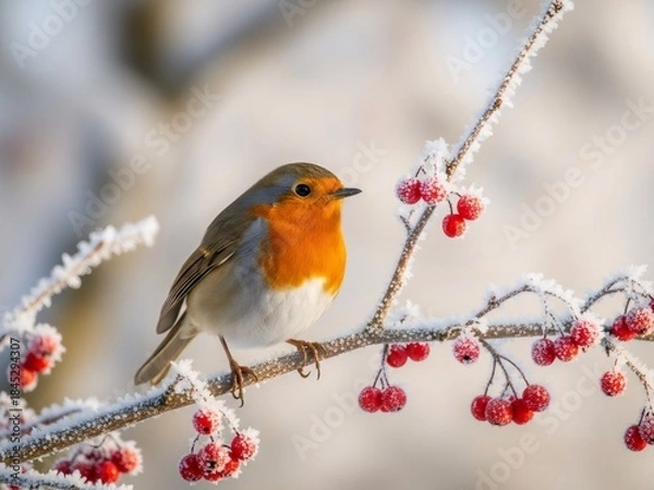 Fototapeta European robin bird perched on a snowy branch with red berries in winter. White Christmas and New Year holiday season concept. Nature and wildlife in cold weather.