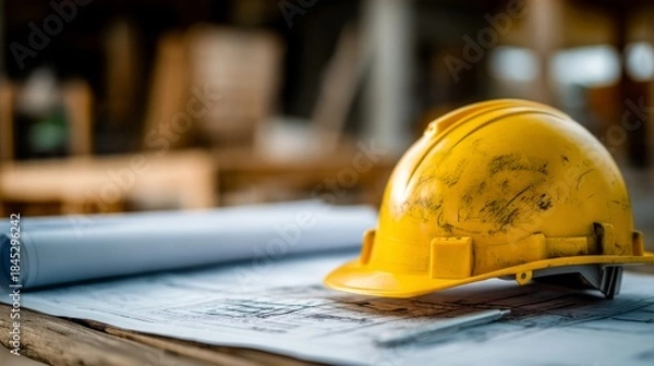 Fototapeta Close-Up of a Worn Yellow Hard Hat on Drafting Plans in an Industrial Workspace Under Natural Light with Blurred Background Elements