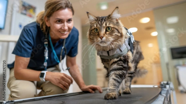 Fototapeta Veterinary nurse observing cat during treadmill rehabilitation. Concept of animal physiotherapy, recovery training, veterinary rehabilitation services and controlled exercise.