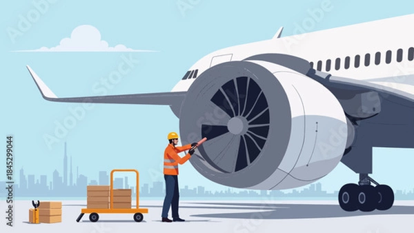 Obraz Aircraft Maintenance Engineer Inspecting Jet Engine – Professional Vector Illustration