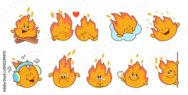 Obraz Kawaii flame characters. Isolated fire stickers, cute flames various emotions. Doodle happy fires in love, sleeping, eating listen music, nowaday vector set