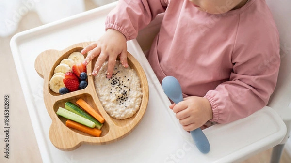 Fototapeta Child-friendly breakfast bear shaped plate with oats or porridge banana slices and assorted fresh fruits, vegetables and berries, served on a highchair tray. A kid eats using hand and silicone spoon
