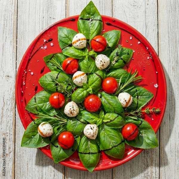 Obraz Vibrant Caprese Christmas tree on a glossy red plate with balsamic glaze drizzle.