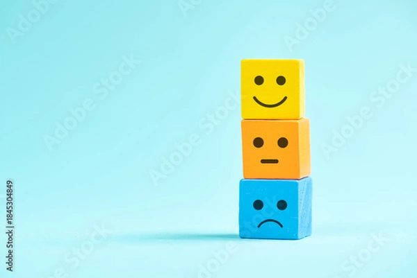 Fototapeta Sad to happy smiling face, influence of emotion, mental health, attitude, positive and negative mind, customer feedback rating, mood cube stack