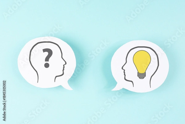 Fototapeta Human mind, question mark and light bulb, brain ask for answer, brainstorming, overthinking, connecting knowledge and wisdom, confusion and clarity