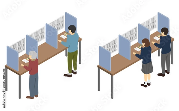 Obraz アイソメトリックイラスト：投票用紙に記入する人々