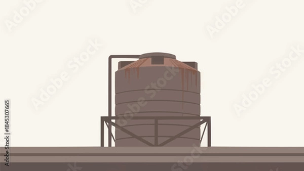 Obraz 錆びの縞模様のある非対称の屋上水タンクのシルエット、侘び寂びの工業的な質感、ネガティブスペースの背景