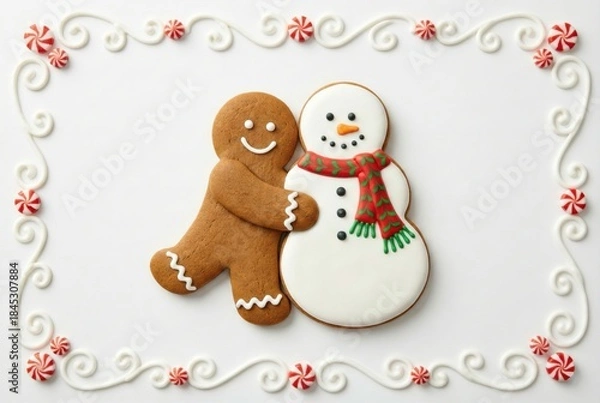 Obraz Christmas gingerbread man and snowman cookies in corners on white background with vertical copy space. Festive royal icing holiday border frame for greeting card template.