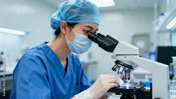 Obraz Scientist in lab examining sample under microscope