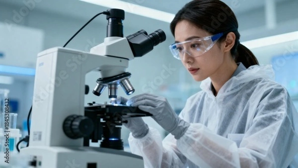 Obraz Woman in lab coat using microscope