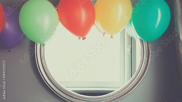 Fototapeta photobooth. Photobooth with colorful backdrop and soft diffused lighting in a simple party setting. lifestyle magazines, social media lookbooks, designed for influencer and brand collaborations.