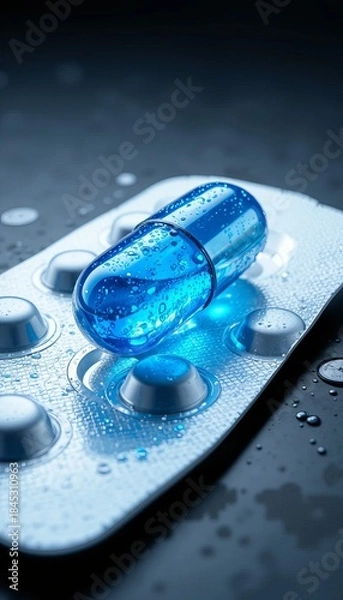 Fototapeta shot presents blue pill capsule-shaped medications encased in a clear blister pack, resting atop a textured metallic blue base in dark background