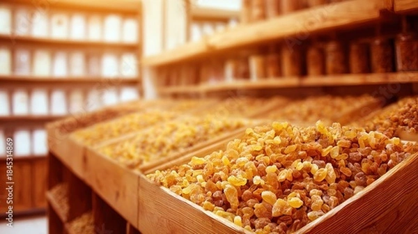 Fototapeta frankincense. Frankincense resin pieces arranged on wooden shelves in spice shop. menu design, packaging mockups, designed for culinary blogs and recipe cards for restaurants.