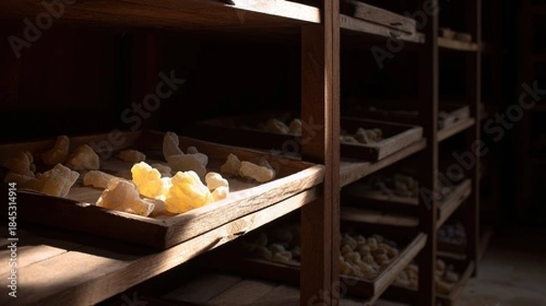 Fototapeta frankincense. Frankincense resin pieces arranged on wooden shelves in spice shop. menu design, packaging mockups, designed for culinary blogs and recipe cards for restaurants.