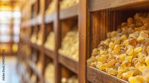 Fototapeta frankincense. Frankincense resin pieces arranged on wooden shelves in spice shop. menu design, packaging mockups, designed for culinary blogs and recipe cards for restaurants.