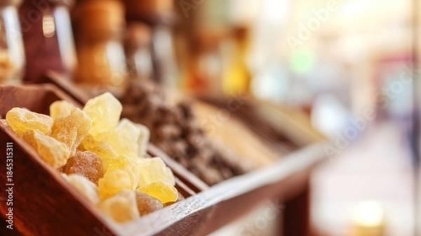 Fototapeta frankincense. Frankincense resin pieces arranged on wooden shelves in spice shop. menu design, packaging mockups, designed for culinary blogs and recipe cards for restaurants.