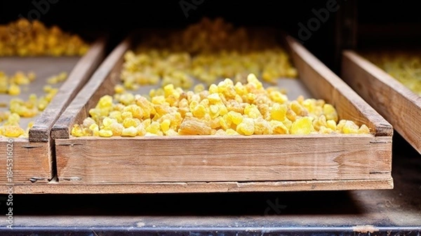 Fototapeta frankincense. Frankincense resin pieces arranged on wooden shelves in spice shop. menu design, packaging mockups, designed for culinary blogs and recipe cards for restaurants.