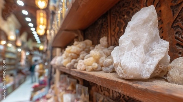 Fototapeta frankincense. Frankincense resin pieces arranged on wooden shelves in spice shop. menu design, packaging mockups, designed for culinary blogs and recipe cards for restaurants.