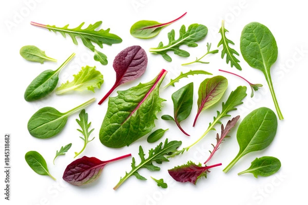 Fototapeta Creative flat lay pattern of fresh mixed green salad leaves isolated on a white background. Assortment of baby spinach, arugula, and chard vegetable layout.