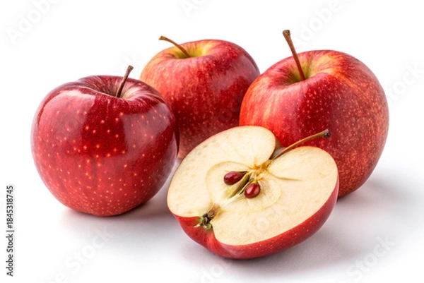 Fototapeta Group of three whole red apples and one half slice isolated on a white background. Fresh organic fruit cross section with seeds closeup.